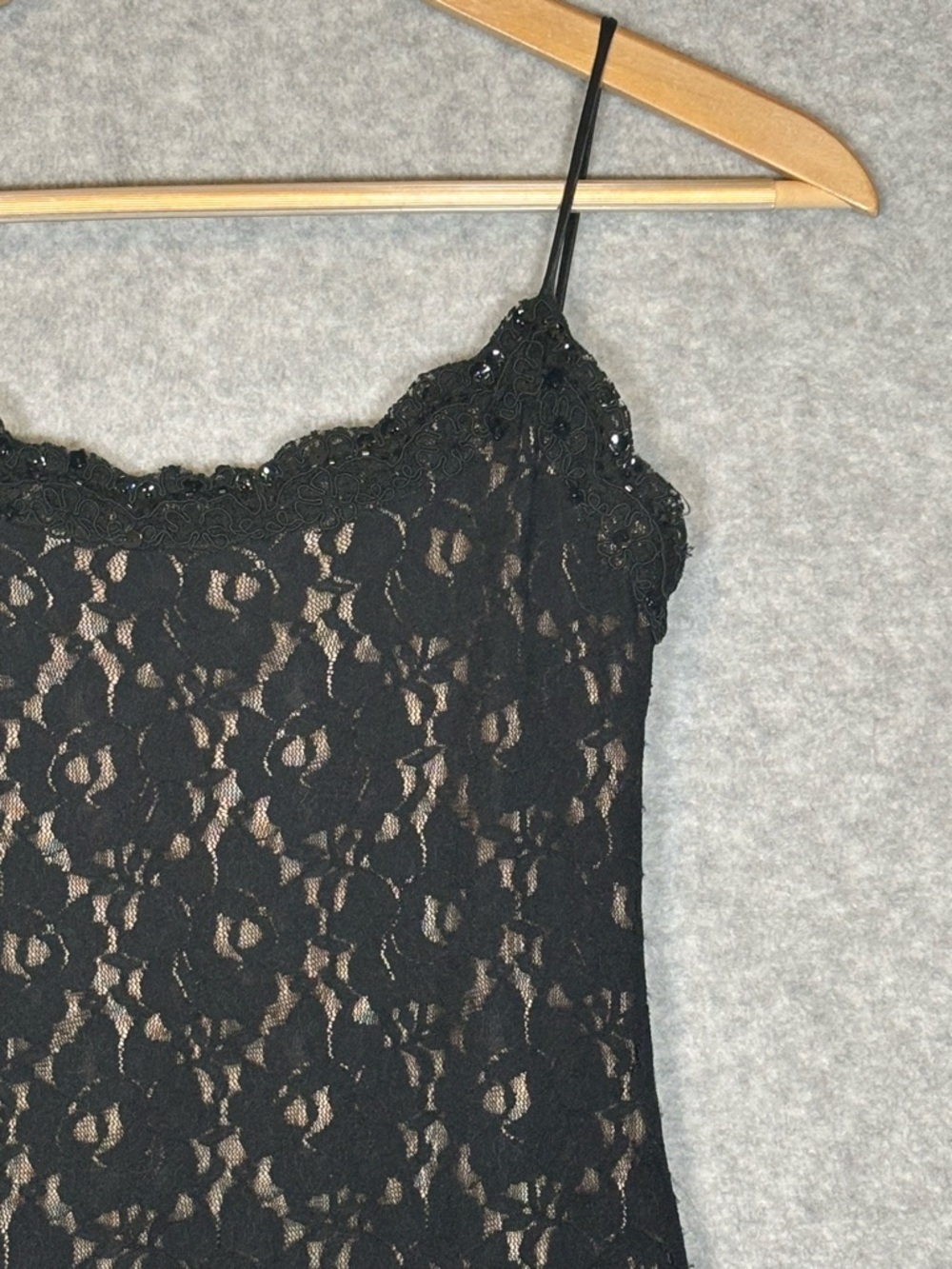 Caché 1990s Vintage Black Lace Maxi Dress with Nude Lining-Women Size 2
